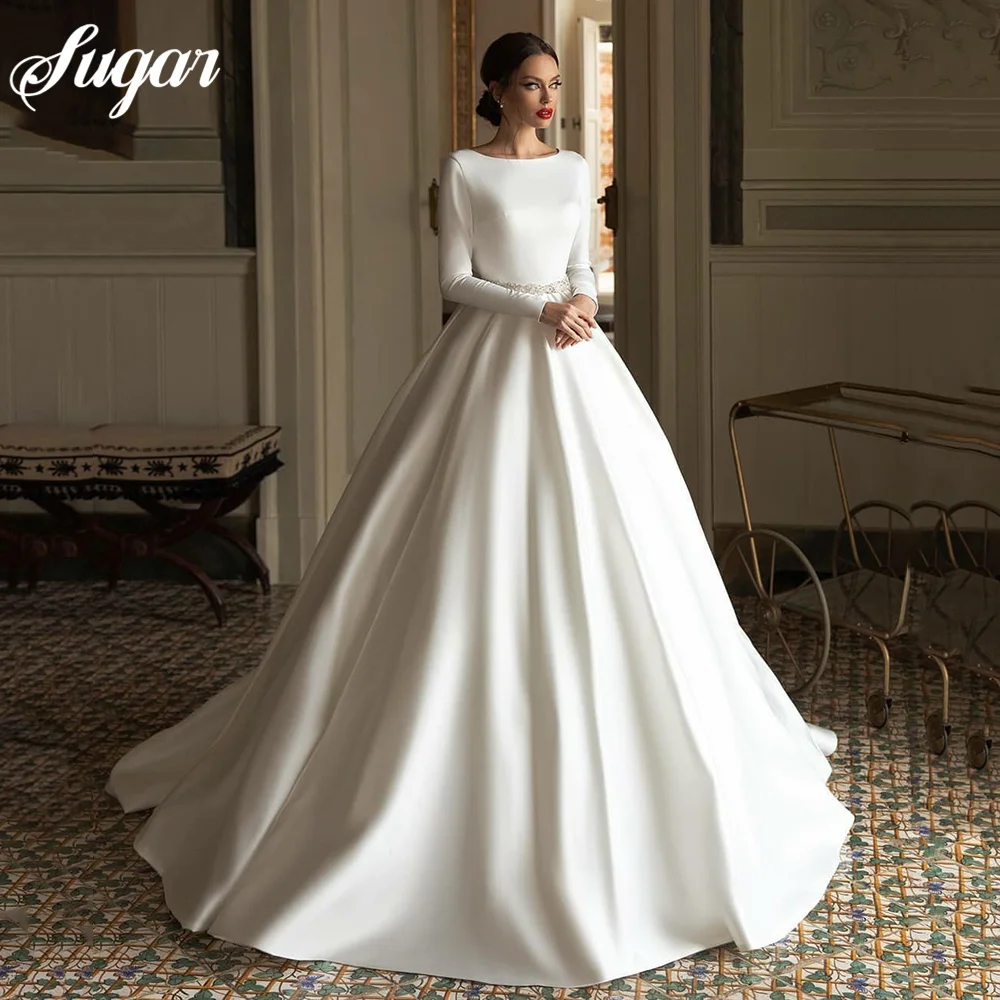 Elegante marfim simples cetim vestidos de noiva mangas compridas aberto voltar vestidos de novia 2021 colher decote beading cinto princesa