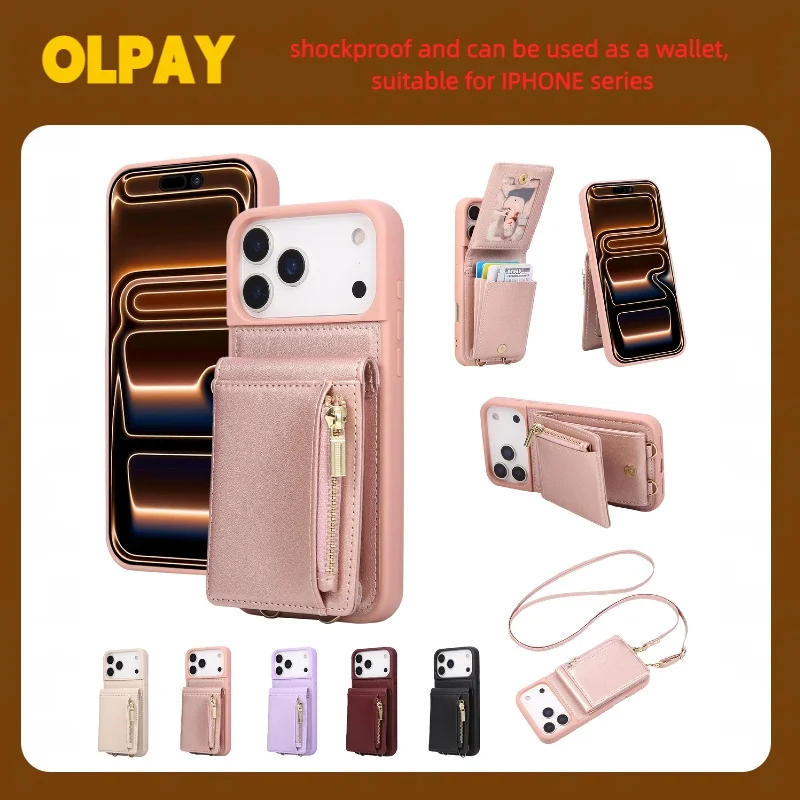 

OLPAY For IPhone 17/Air/17 Pro/17 Pro Max 16/16E15/14/13/12/11/XR/XSMAX/6 7 8Plus/SE2/SE3 Women Zipper Leather Wallet Phone Case
