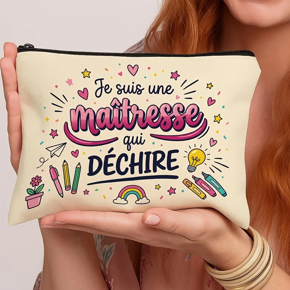 

French Quote Makeup Bag for Women French Teacher Gift, Zipper Closure, Easy Travel Cosmetic Organizer, Portable Toiletry Bag