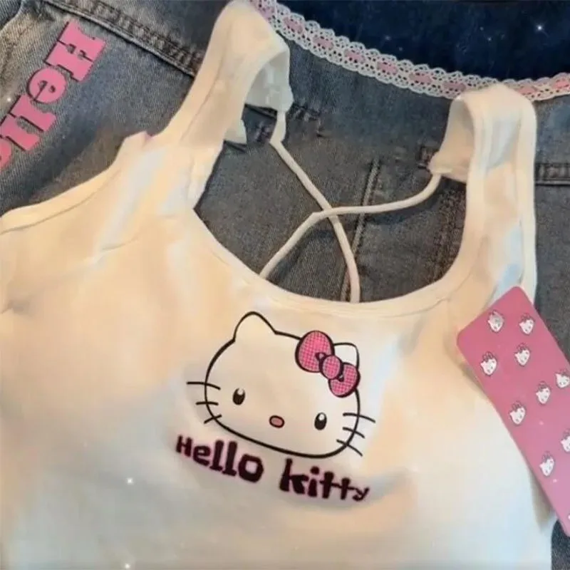 Sanrio-Top de Hello Kitty con almohadilla para el pecho para niña, Top corto fresco de verano, Top blanco Sexy con tirantes, 2000