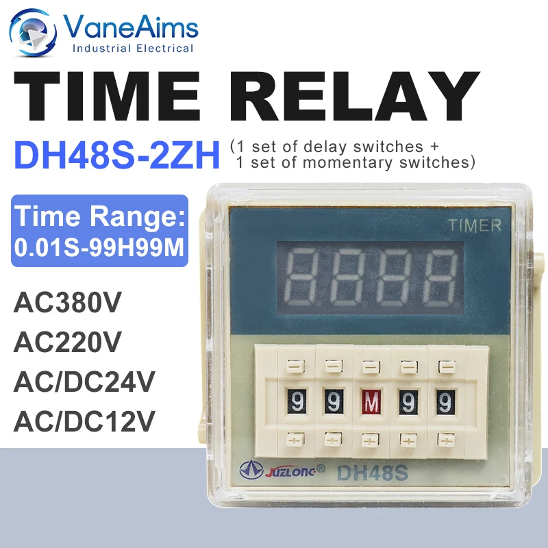 DH48S-2ZH Time Delay Relay Switch DC24V 12V 0.01S-99H99M Digital LED Programmable Delay Timer Relay AC220V 380V SPDT VaneAims