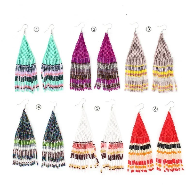 

2025 Handmade Bead Earrings Hand Knitting Beaded Simplicity Rice Pearl Retro Bohemia Geometry Tassel Earrings for Women