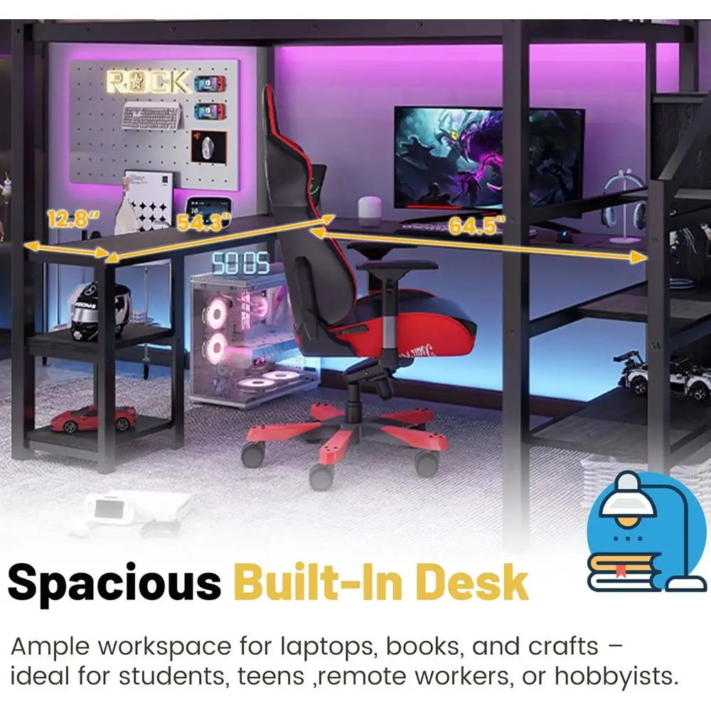 سرير علوي كامل معدني قوي مع مكتب، سلالم، خزانة ملابس، أرفف، أضواء LED، ومنافذ USB للأطفال والمراهقين والكبار باللون الأسود