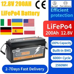 12V 200Ah LiFePO4 Lithium Battery Pack 2.5KWH 6500+ Cycles BMS Battery Solar Energy Storage System US FR ES KR MX NO ship