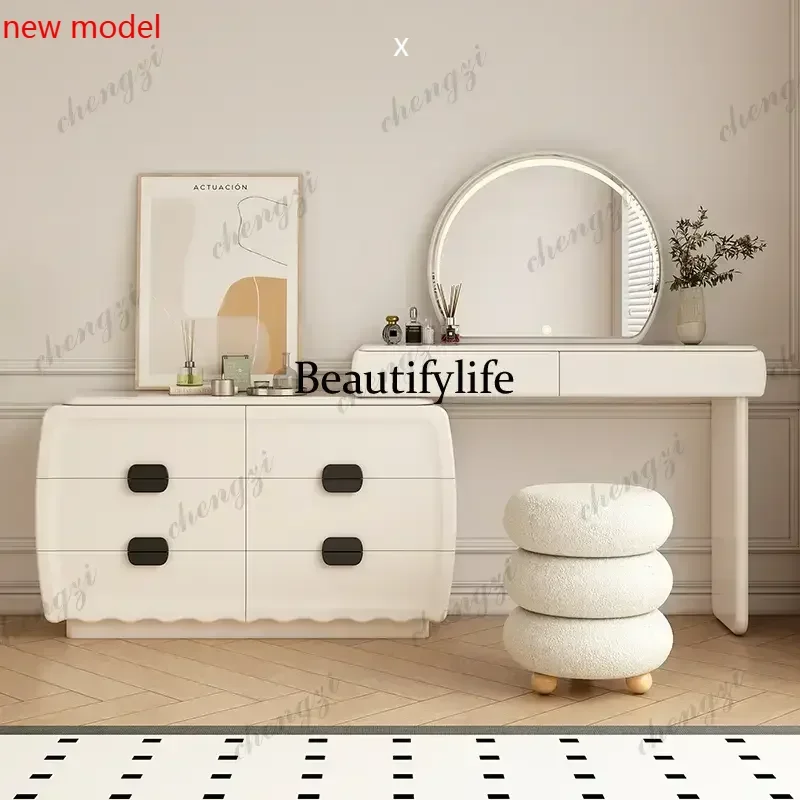 N138French White Modern Dressing Table Drawers Mirror Seat Luxury Compact Dressing Table Storage Cabinet Wood Bedroom FurnitureF