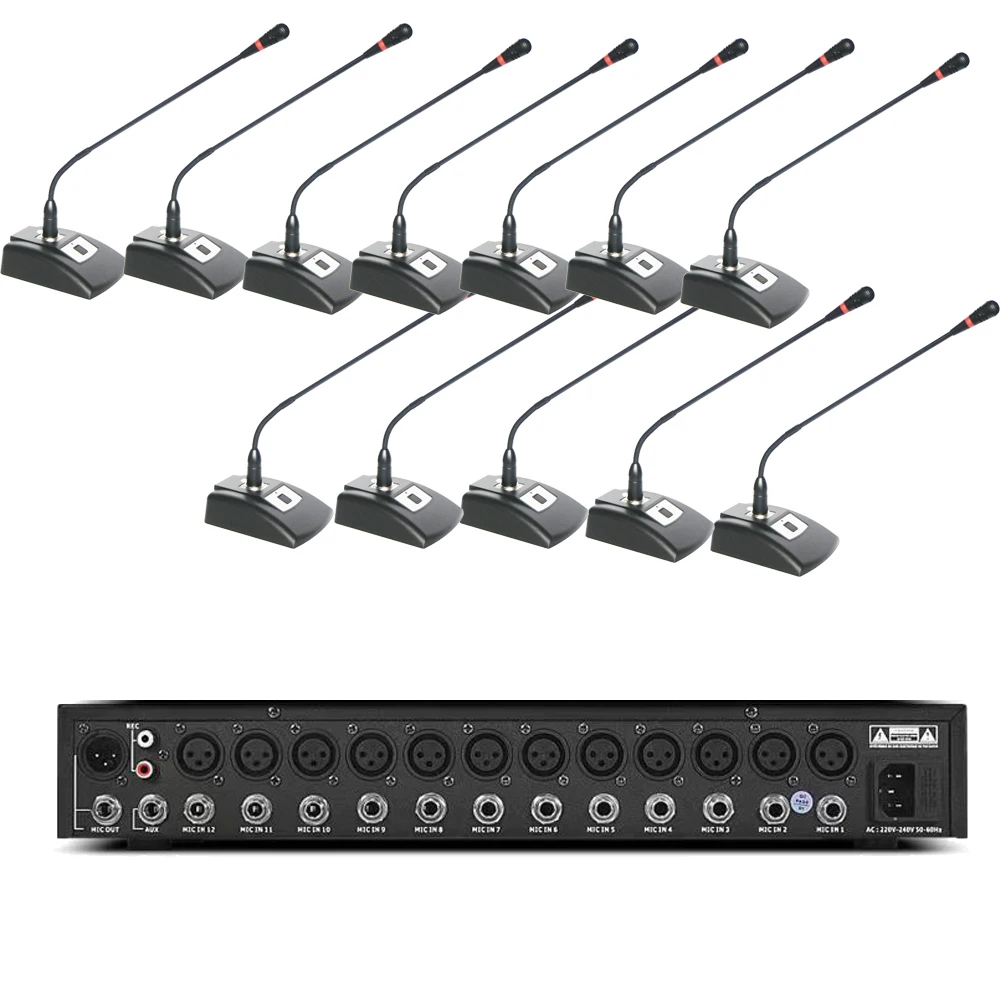 

12Pcs Desktop Conference Wired Microphone XLR 3Pin 5m Cable 48V Phantom Power Supply Controller 12 Gooseneck Microphone Mixer