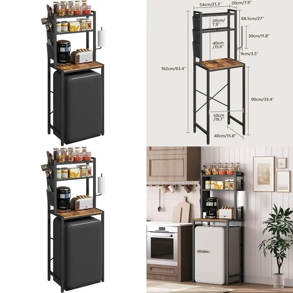

3-Tier Kitchen Storage Rack with Mini Fridge Shelf, Coffee Bar, and Paper Holder, Rustic Brown and Black