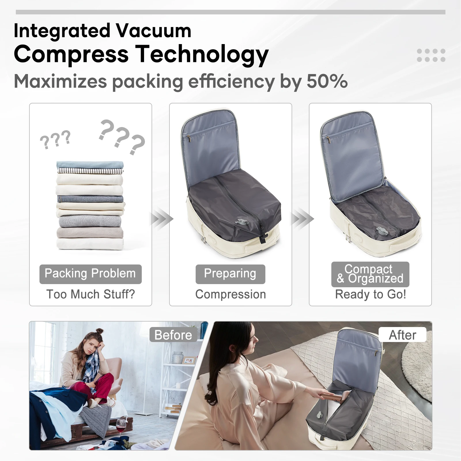 حقيبة ظهر محمولة معتمدة من الطيران، حقيبة ظهر مضغوطة مفرغة للنساء والرجال، حقيبة تخزين مفرغة لتوفير المساحة، حقيبة ظهر جامعية #3