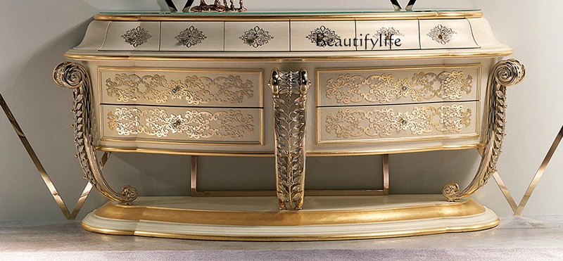 

Light luxury court dining side cabinet European solid wood carving flower Xuanguantai villa bedroom luxury storage decoration