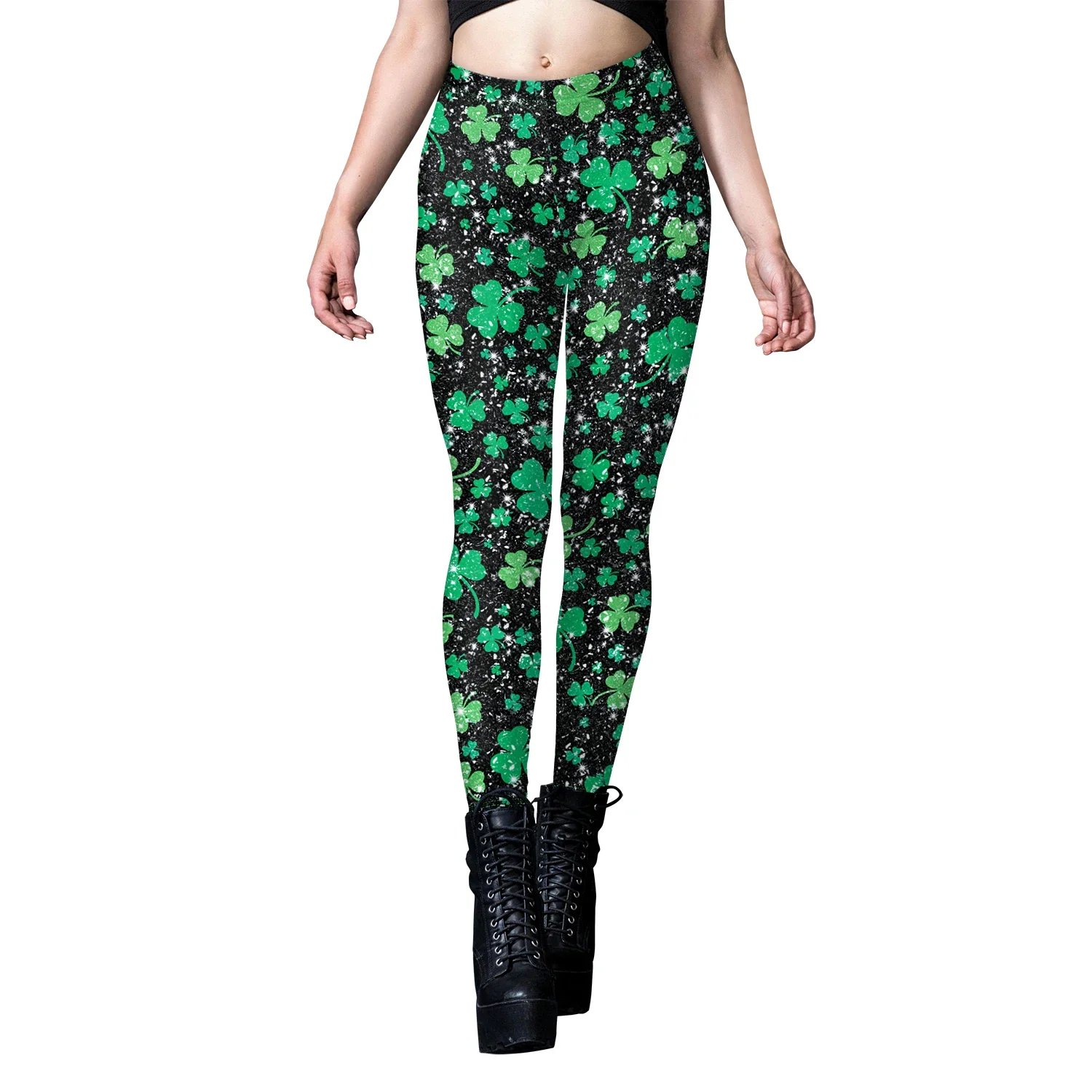 Damen-Leggings, hohe Taille, dünne Push-Up-Leggings, elastische Kleeblatt-Kleeblatt-Druck, irische Festival-Hose