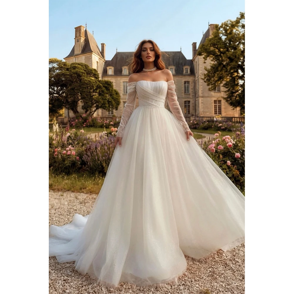Customized Boho Off-the-Shoulder Sweetheart neckline Long Sleeve Corset A-Line Wedding Dresses Tulle Pearl pleated Bridal gowns