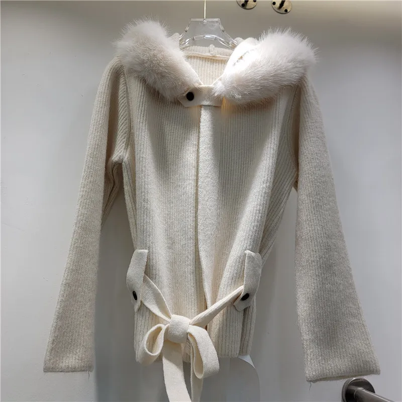 Clothland Women Sweet Fur Knitting Jacket Hooded Long Sleeve Sashes Sweater Jacket Female Cute Cardigan Tops CB388