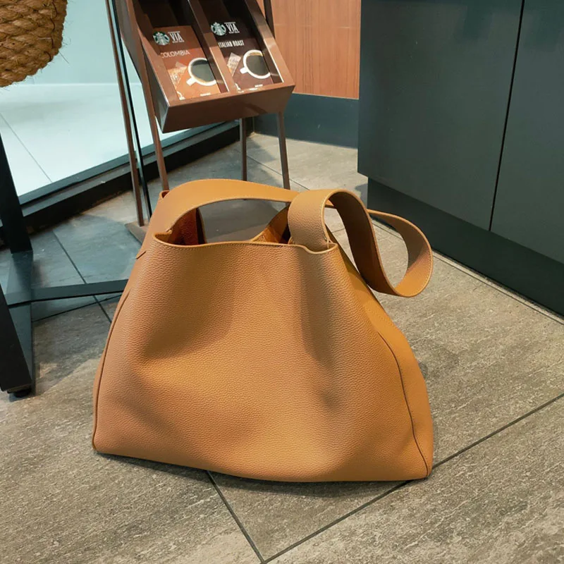 Simply Female Split Leather Shoulder Bags Solid Color Lady Tote Bag Large Capacity Women Commute Handbags Removable Inner Purse