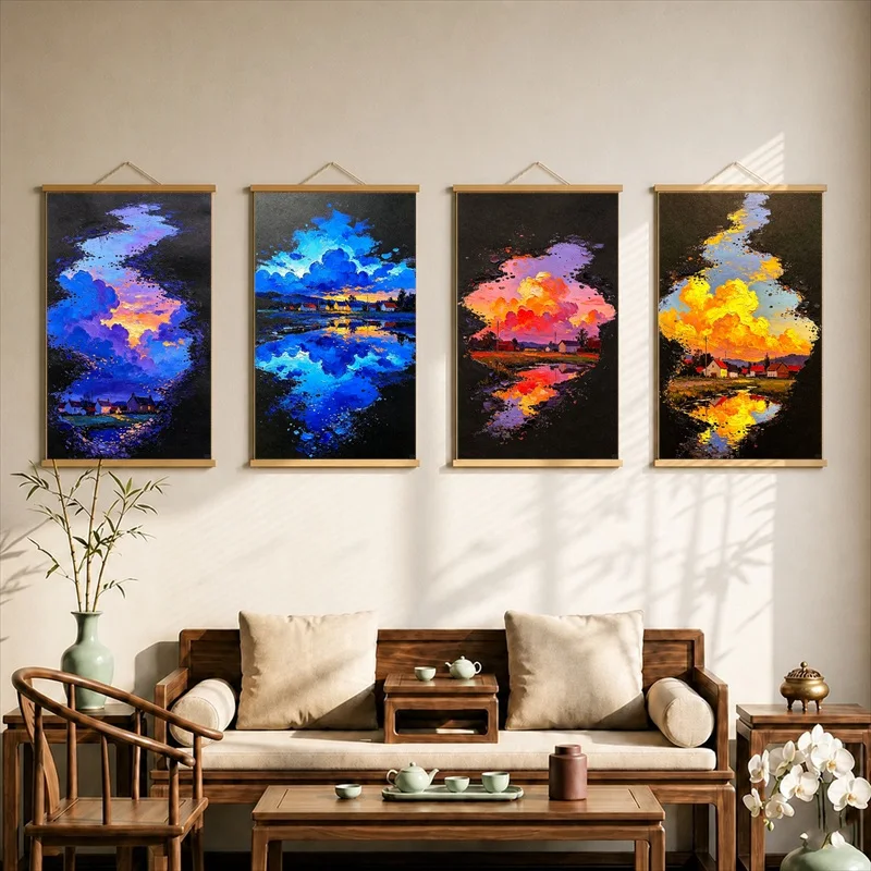 Wall Decor Orange and Blue Evening Horizon, Modern Color Field Pearlescent Canvas Wall Hanging Scroll for Home Office Interior