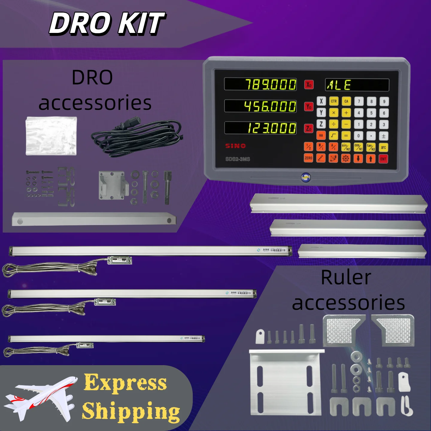 Image of Sino 3-Achsen SDS2MS-3MS Drehmaschinen-Fräsmaschinen-Digitalanzeigesystem (DRO) Set mit KA35 Linearmaßstab TTL 0,005mm 0,001mm Optischer Encoder-Lineal