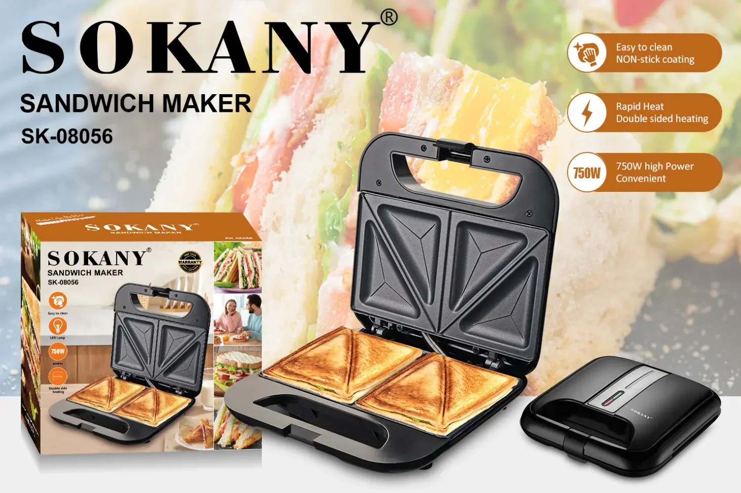 750W High Power Sandwich Machine NON-stick Coating Breakfast Machine Easy To Use Sandwich Maker