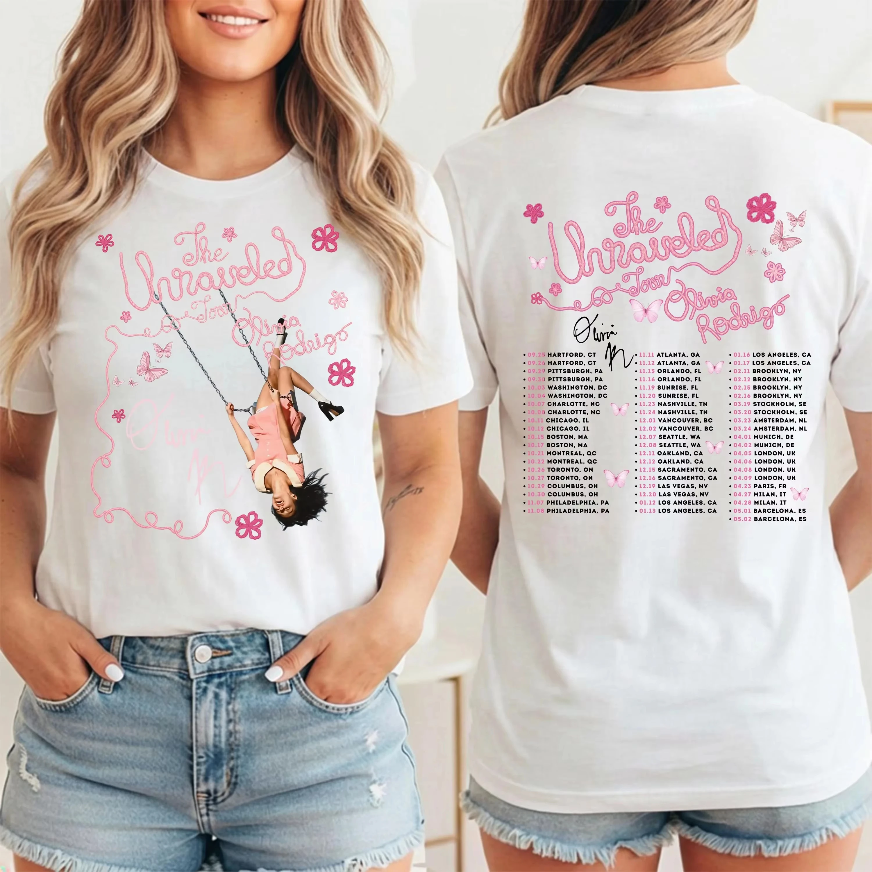 2026 Floral Butterfly Frame Portrait Graphic T Shirt Front Back Print Unisex Short Sleeve Handwritten Tour List Casual Tee