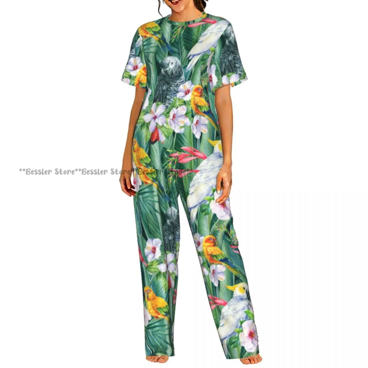 

Женский комплект пижамы с короткими рукавами и брюками с изображением попугаев, тропических птиц и какаду, повседневный комплект пижамы