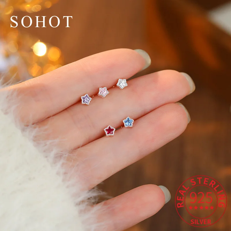 

Real 925 Sterling Silver Tiny Exquisite Star Zircon Stud Earrings for Fashion Women Fine Jewelry Light Luxury Accessory