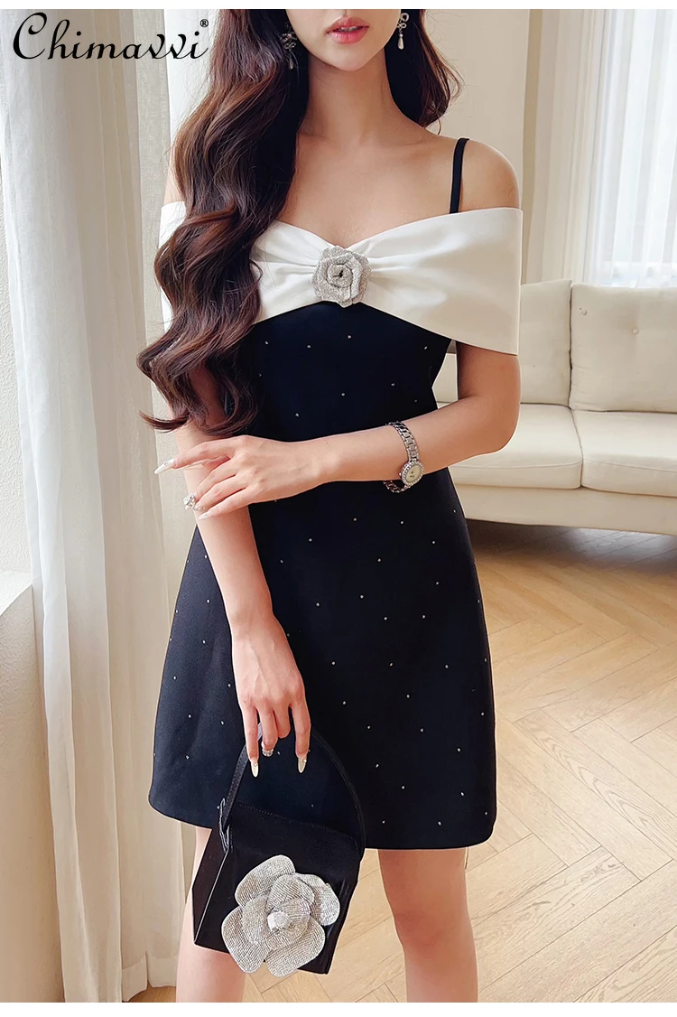 

French Hepburn Style Elegant Commuting Diamond 3D Flower Off-shoulder High Waist Slim Fit a-Line Black Sling Short Dress Women