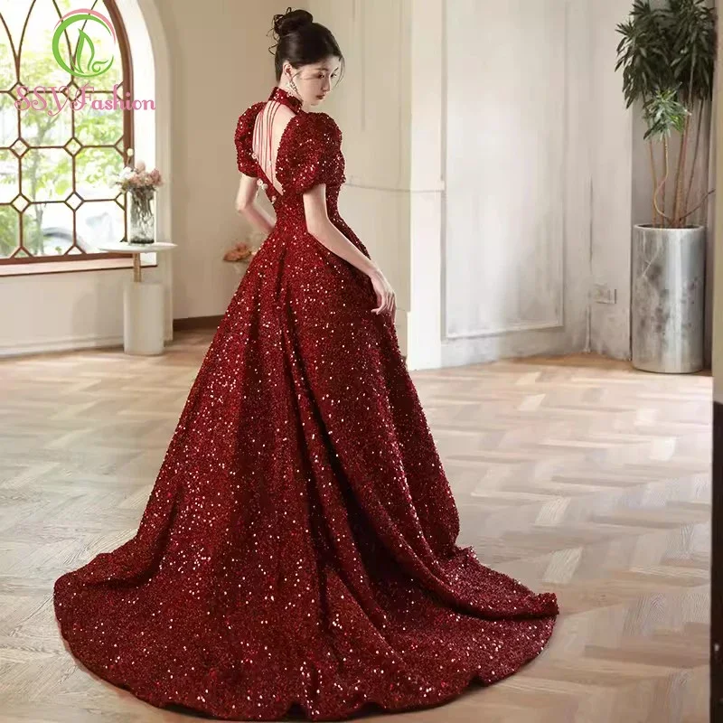 Customized  Elegant Wine Red Sequins Evening Dress for Women Stand Collar Puff Sleeve A-line Sparkling Party Formal Gown Vestido