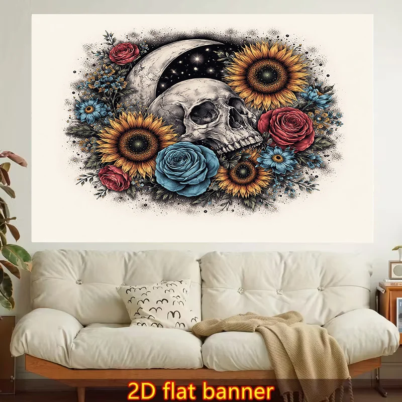 1pc Stylish 2D Flat Printed Wall Tapestry Featuring a Skull, Crescent Moon, and Colorful Flowers. Ideal for Bedroom Aesthetics, Living Room, Bedroom, Office, or Home Decor.