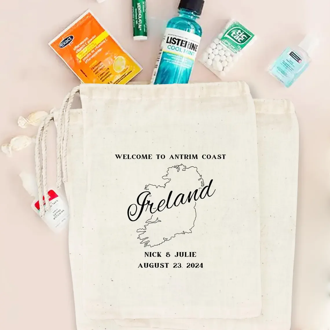 Personalized Welcome To Antrim Coast Bag, Ireland Destination Wedding Favors, Ireland Country Outline Map Bag, Beach Wedding Par