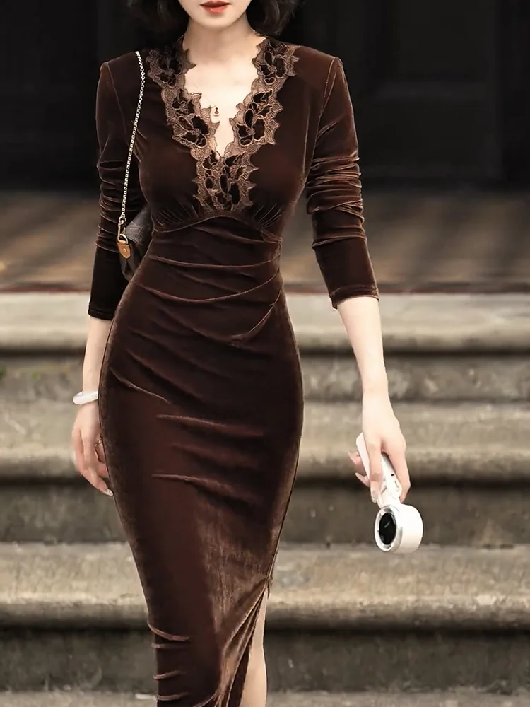

Ретро-платье из бархата с кружевными вставками, приталенное, для полных женщин, осенне-зимнее, новое, стильное, повседневное