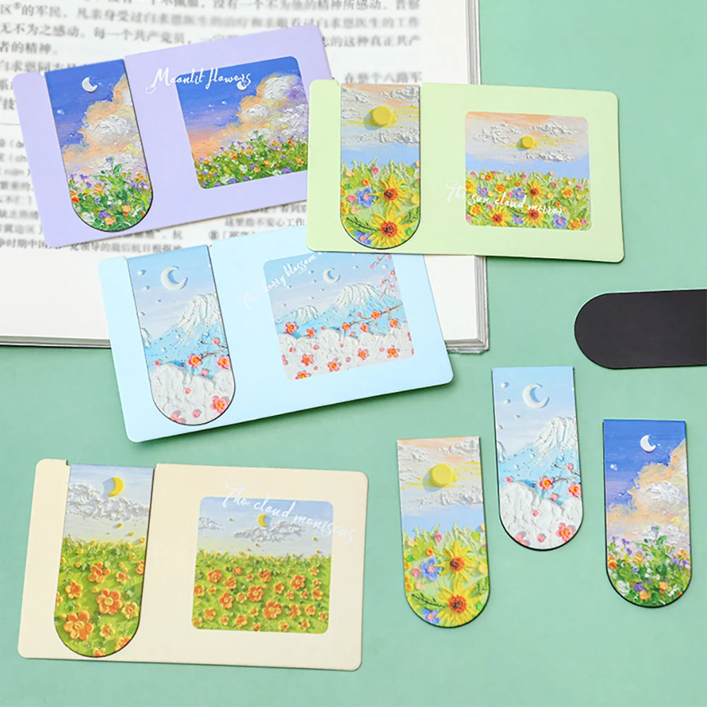 Oil Painting Magnetic Bookmark, Student Note Classification Book Clip, Exquisite Double-Sided Paper Learning Reading Clip