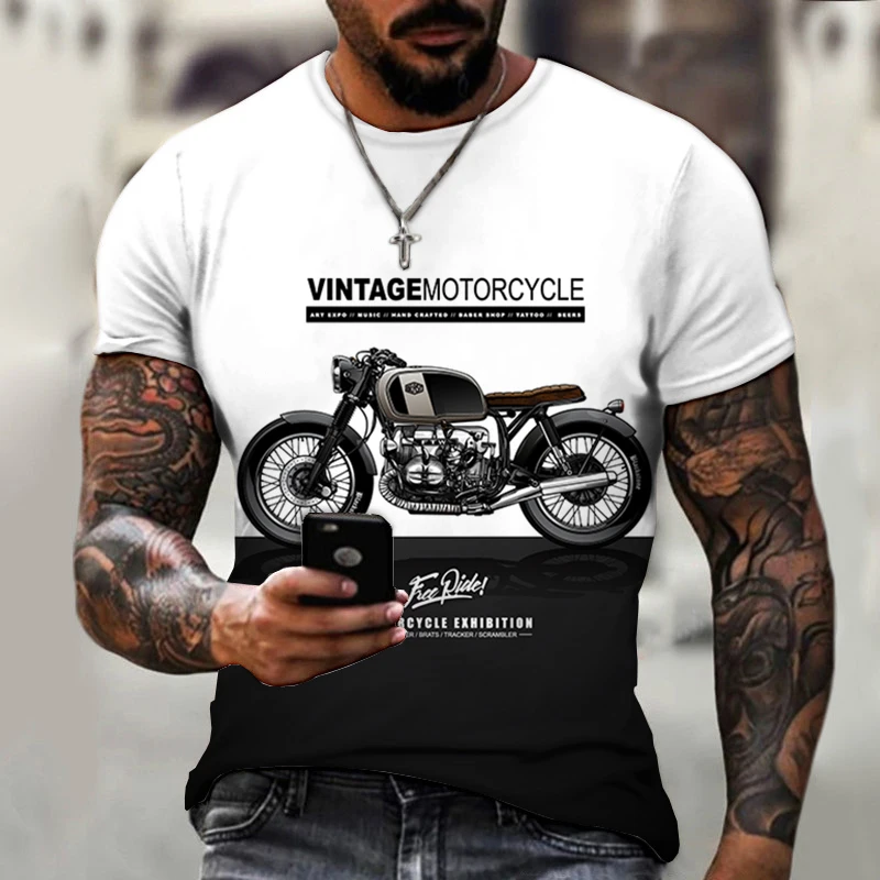 Summer Men\'s T-shirt 3D Retro Motorcycle Print T-shirt Men\'s Clothing Racing Pattern Men Short Sleeve Top Street Clothing