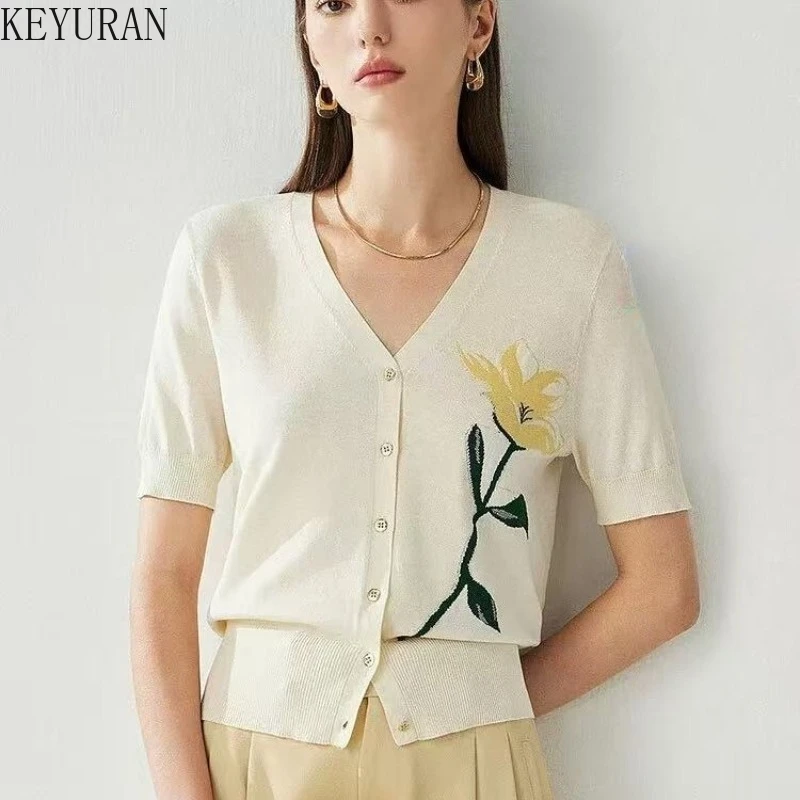 

Новинка лета 202, нежный цветочный жаккардовый вязаный кардиган из ледяного шелка, женский свитер с v-образным вырезом и короткими рукавами, повседневные тонкие трикотажные топы