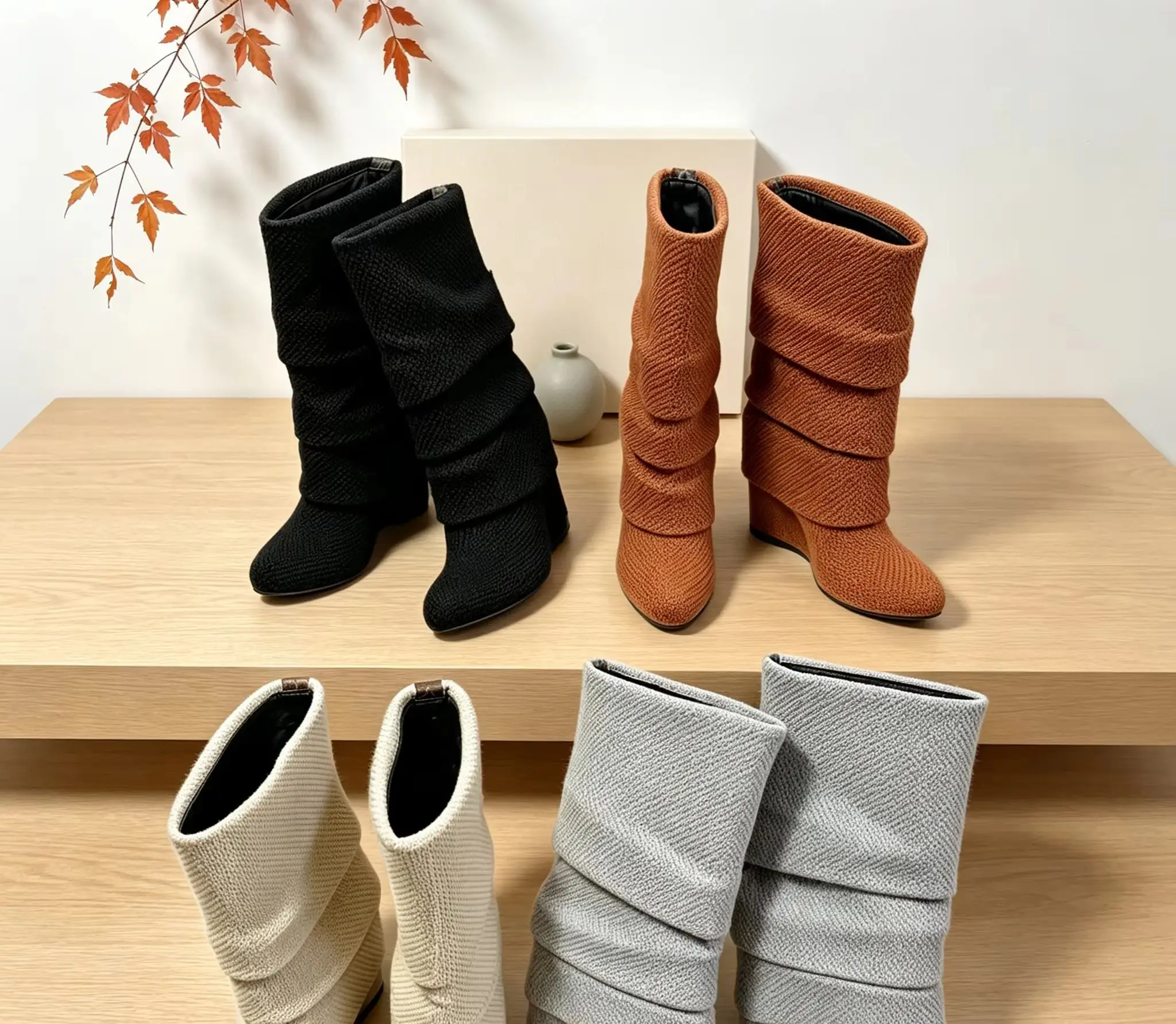 2026 Autumn Winter Knitted Pointed Toe Summer Heel Pumps Wide Cuff Knee High Boots Elegant Office Lady Daily Party Street Shoes