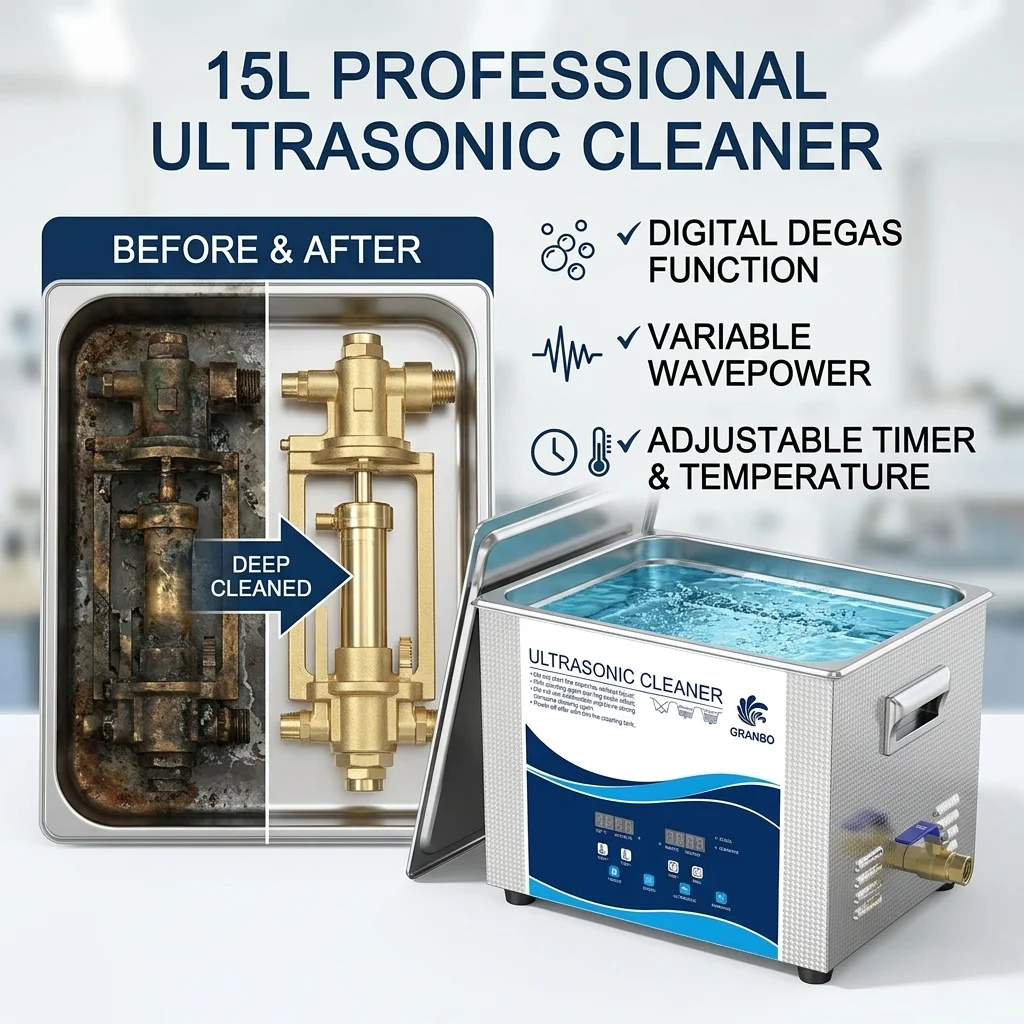 

Granbo 15L Digital Ultrasonic Cleaner with Degas Half-Wave Heater Timer for Electronics 3D Printing Components Cleaning Machine