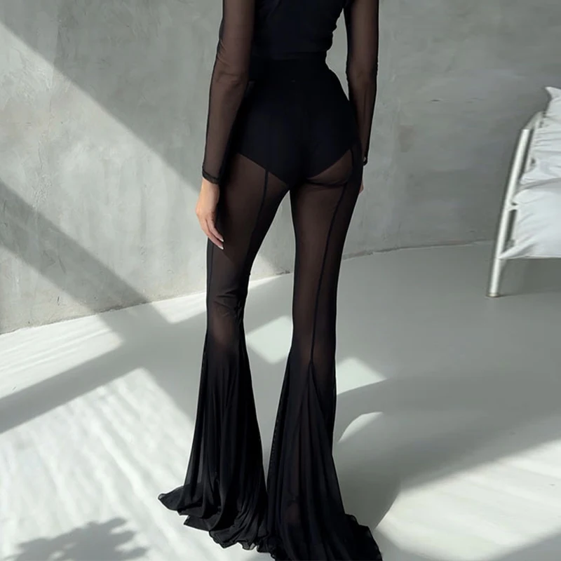 Women Summer Hollow Out Wide Leg Pants Fashion See Through Slim Fit Flared Trousers Lady Elegant Chiffon Mesh Holiday Clubwear