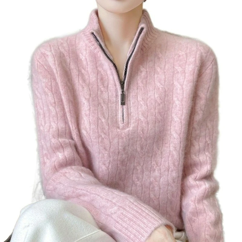 

Autumn and Winter Half-open High-neck Zipper Knitted New Stand-up Neck Loose Tweed Base Layer Thickened Sweater