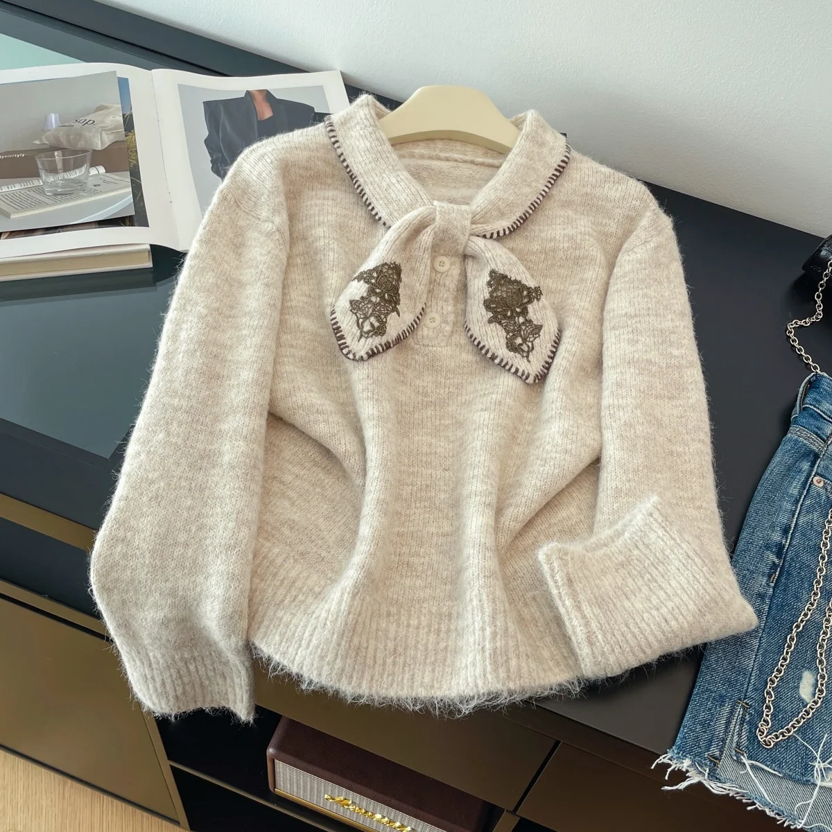 

Женский абрикосовый пуловер с круглым вырезом, свитер, винтажный джемпер в корейском стиле, вязаный кашемировый свитер с длинными рукавами, одежда 2000-х годов, весна-осень