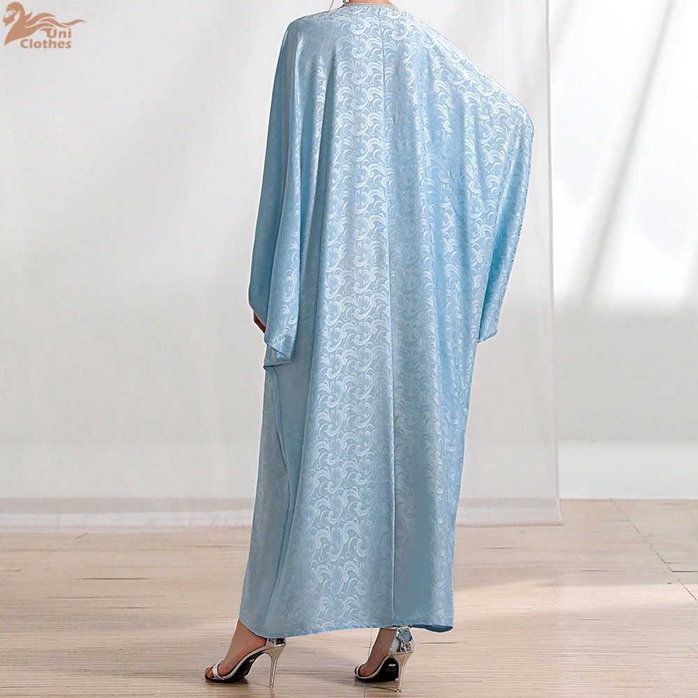 Hand Sew Rhinestone Beaded Tassel Batwing Sleeve Robe Light Blue Ethnic Print Oversized Dubai Moroccan Kaftan Arabic Clothes Eid