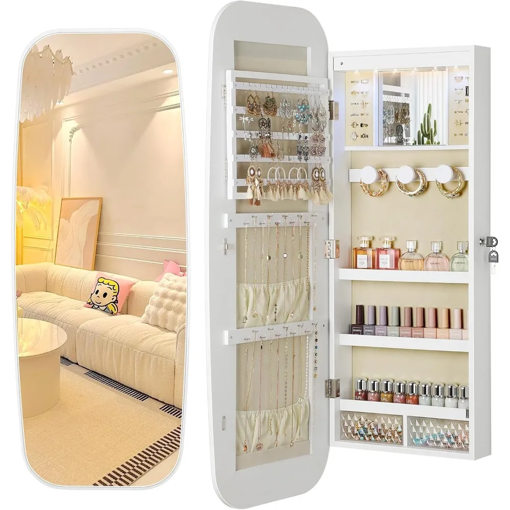 

Nicetree LED Mirror Jewelry Cabinet, Rounded Jewelry Armoire Organizer, Wall or Door Mounted Jewelry Organizer with Interior