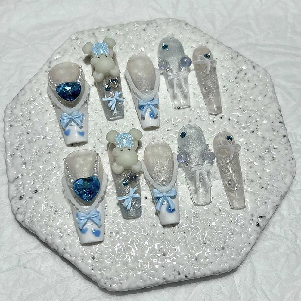 귀여운 3D 블루 베이비 베어 프랑스 핸드메이드 프레스온 네일 카와이 인형 롱 네일 아트 보우 펄 하트 글리터 네일 아트 소녀 선물