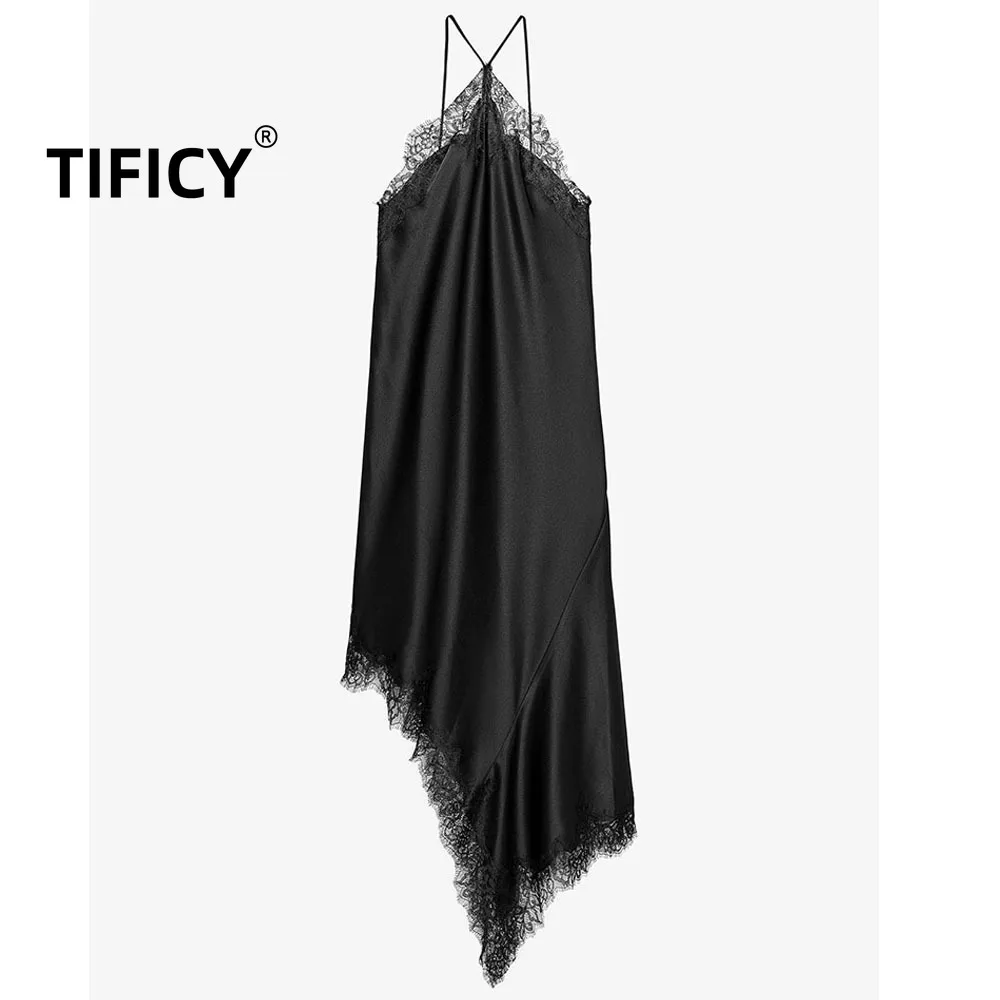 

High Street Dark Tanks Women's Summer New Sexy Backless Lace Embellished Satin Textured Streetwear Party Dress