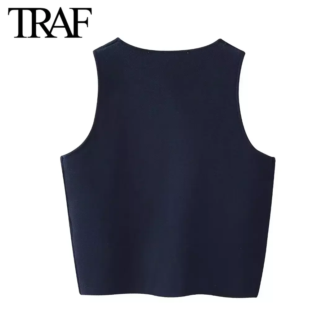 TRAF Women Fashion Summer New Solid Sleeveless Single Breasted Cardigan Round Neck Knitted Sweater Vest Sweet Chic Ladies Tops