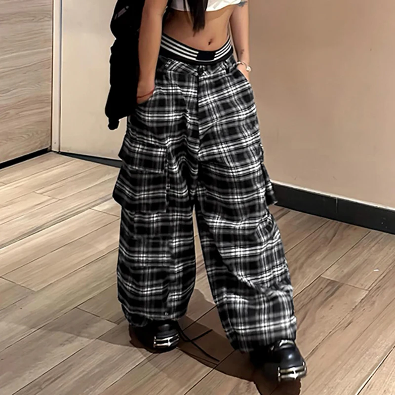 BIIKPIIK Streetwear Pocket Plaid Pants Contrast Color Women Casual Cargo Pants Fashion Straight Trousers Autumn All-match Bottom