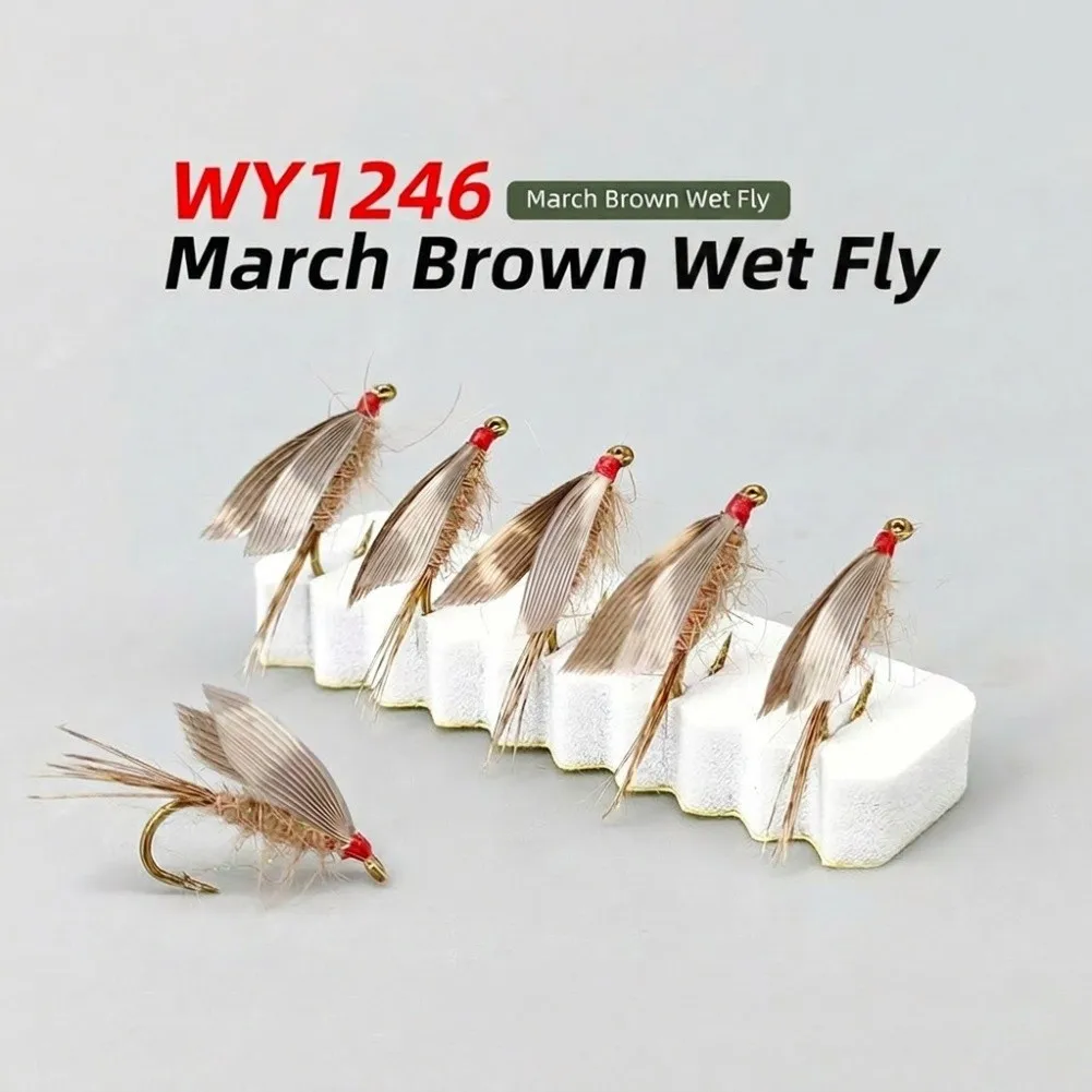 Plastic March Brown Wet Fly Lure Set 5pcs Size 14 Hook 11.7x4.7mm for Freshwater Saltwater Fly Fishing Realistic Design