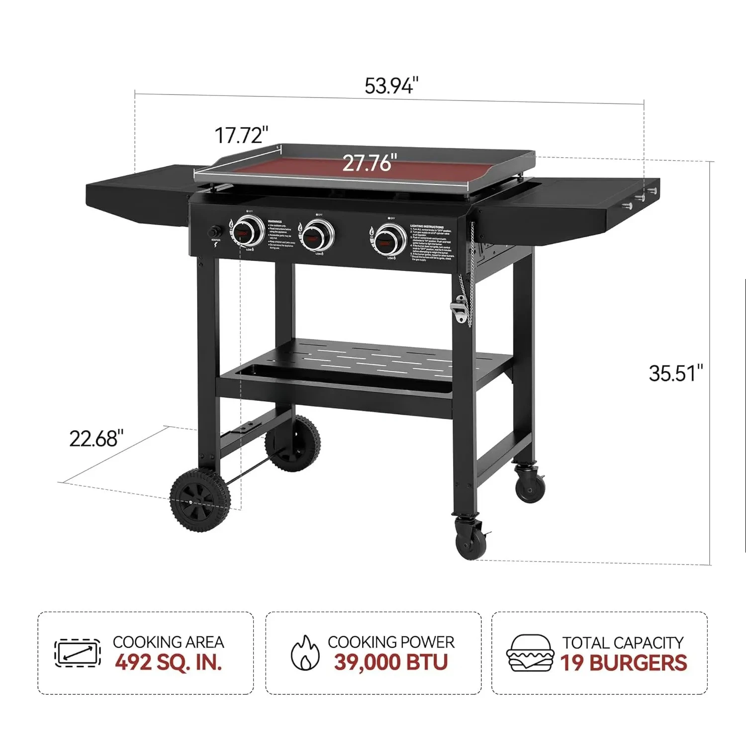 28 Inch 3 Burner Propane Gas Griddle Foldable Side Shelves 492sq.in Cooking Surface Camping Tailgating Outdoor Cooker