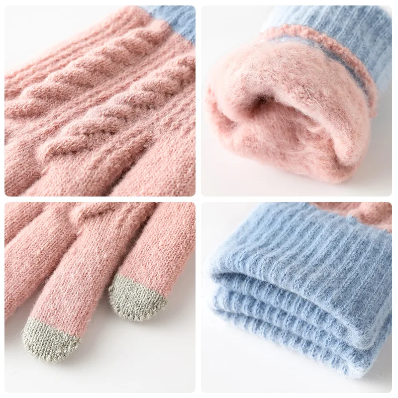 قفازات حرارية شتوية للرجال والنساء، مبطنة بالصوف السميك، قفازات ركوب الدراجات كابل محبوكة كاملة الأصابع تعمل باللمس #4