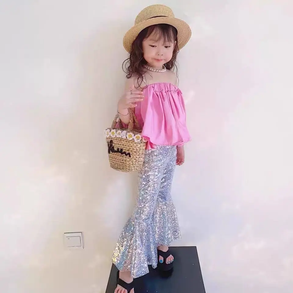 Retro Runway Trendy 2026 Spring Summer New Girls Hong Kong Style Off Shoulder Tube Top Dress Flared Pants Two Piece Set
