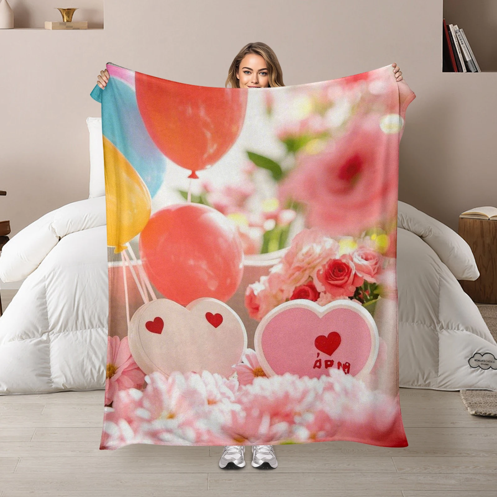 

Cozy Flannel Valentine S Blanket Featuring Roses And Balloons Expressing Deep Affection To Your Partner Warmly