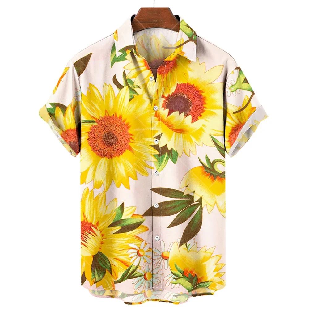 Sunshine sunflower print Hawaiian men\'s beach style short-sleeved shirt loose casual large size men\'s shirt 2023 new style