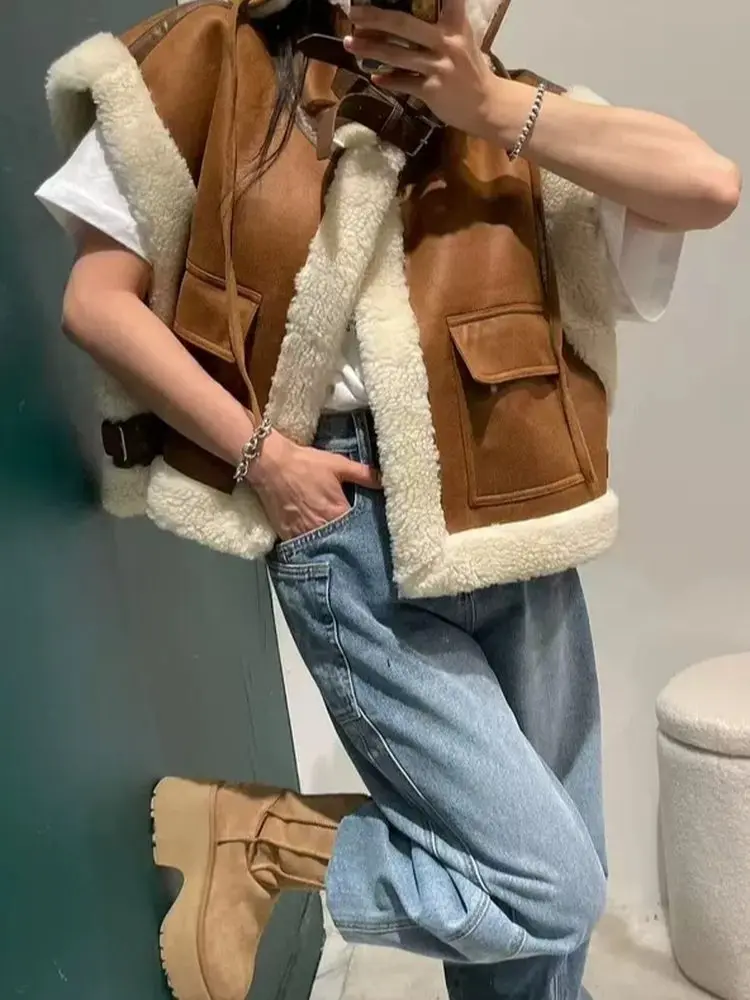 

Женский жилет из овечьей шерсти и вельвета, свободный крой, воротник-стойка, на пуговицах, теплый, для осени и зимы, повседневный стиль