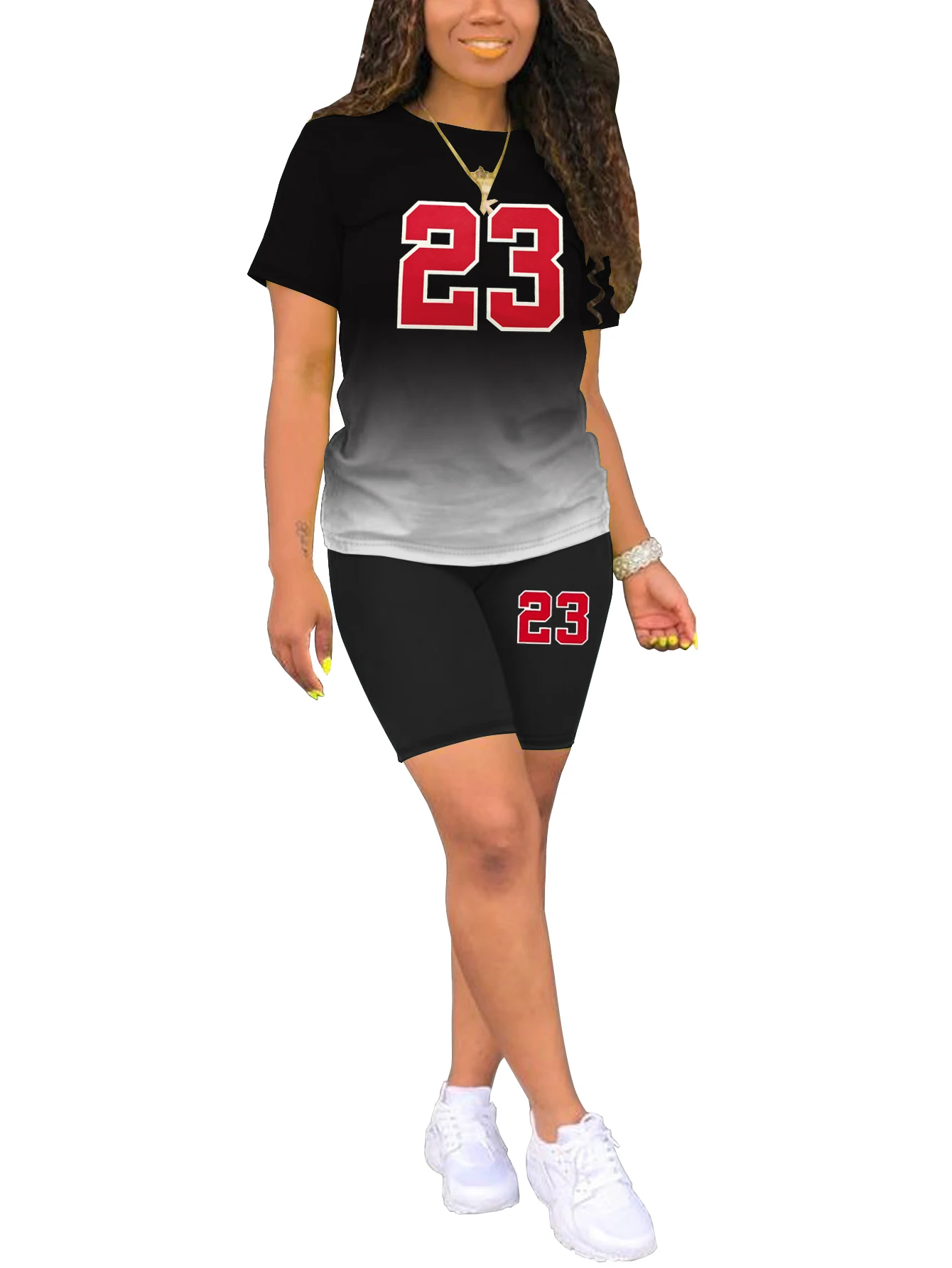 

Женский комплект из топа и шорт с короткими рукавами, повседневный комплект с круглым вырезом для дома и улицы.